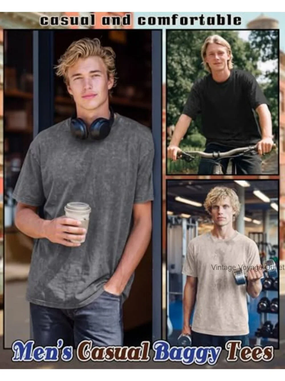 Men's Oversized T-Shirts 3 Pack Cotton Spandex Crew Neck Vintage Tees